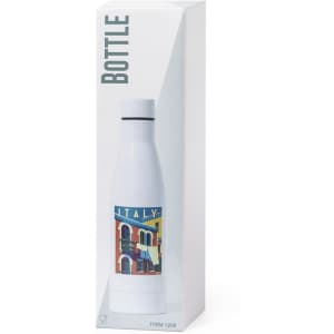 A drink bottle in a white finish, packaged in a box featuring a colourful design and a logo.