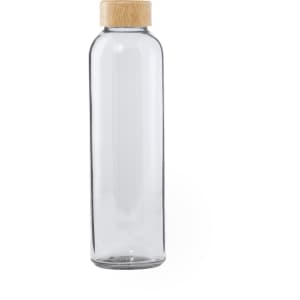 A drink bottle made of clear glass with a bamboo lid, featuring a minimalist design.