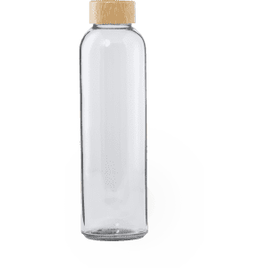 A drink bottle with a clear glass body and a natural wooden cap, featuring a minimalist design.