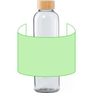 A drink bottle made of clear glass with a bamboo lid, featuring a light green label around its centre.