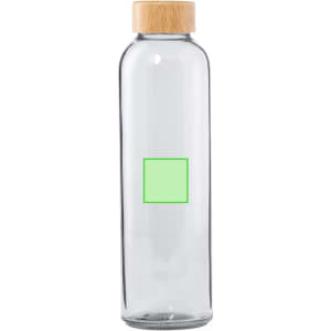 A drink bottle with a transparent glass body and a wooden lid, featuring a green square design on the front.