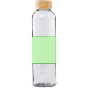 A drink bottle made of clear glass with a light green label and a bamboo cap. It features a logo.