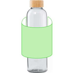 A drink bottle with a clear glass body and a bamboo lid, featuring a green sleeve wrapping around it.