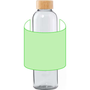 A drink bottle with a clear glass body and a bamboo lid, featuring a green label around its centre.