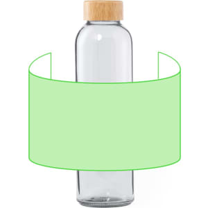 A drink bottle with a transparent glass body and a wooden lid, featuring a green accent band.