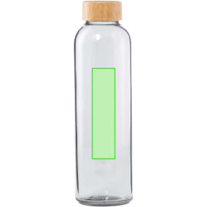 A drink bottle made of clear glass with a bamboo lid and a mint green rectangular space for customisation.