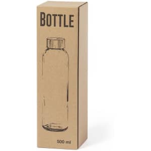A drink bottle in a clear design, packaged in a brown cardboard box featuring an illustration.