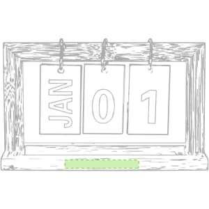 A wooden perpetual calendar with flip-style date and month displays in white and green. It features a simple design and includes a logo.