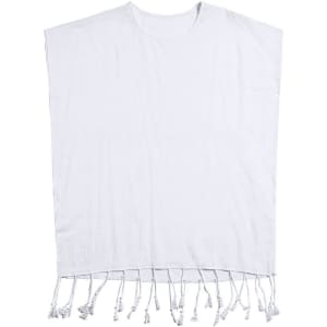 A white kaftan with a simple design and decorative tassels at the hem, featuring an unbranded style.