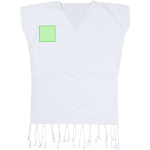 A white kaftan with a V-neck, featuring a square area and fringed edges.