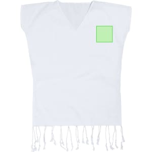 A white kaftan featuring a green square and decorative tassels at the hem. It has a V-neck design.