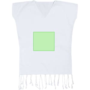 A white kaftan featuring a square green design at the centre and decorative tassels along the hem.