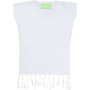 A white kaftan with tassel detailing at the bottom and a branding logo on the back.