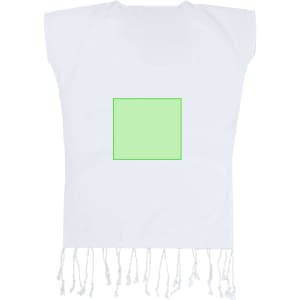 A white kaftan with a green square design at the centre and tassels along the bottom edge.