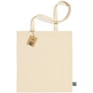 A cream-coloured tote bag with long handles and a tag, featuring a small logo at the bottom.