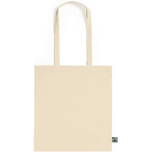 A plain beige tote bag with two handles and a logo at the bottom corner.