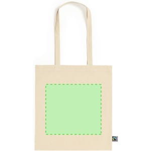 A Fairtrade tote bag in natural beige with a green outlined square for customisation and a logo on the side.