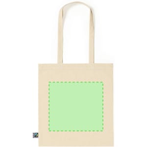 A beige tote bag with two handles and a blank green square area, featuring a logo on the side.