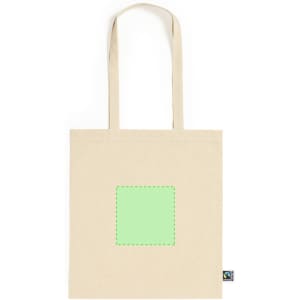 A plain beige tote bag with long handles and a green square design area. It features a logo on the side.