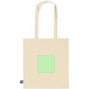 A natural canvas tote bag with long handles and a blank green square in the centre, featuring a logo.