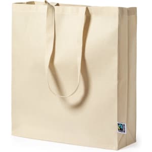 A beige tote bag with sturdy handles and a logo on the side. Ideal for various uses.