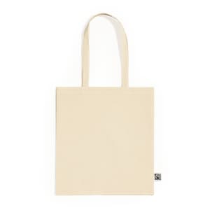 A beige tote bag with two handles and a logo on the side. The bag is plain and unembellished.