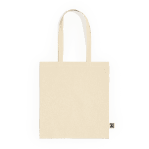 A beige tote bag with two straps and a logo at the bottom. Simple and versatile design.