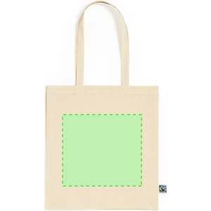 A beige tote bag with two handles featuring a placeholder area outlined in green for customisation.