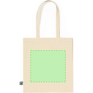 A natural coloured tote bag with long handles and a square green placeholder design on the front.