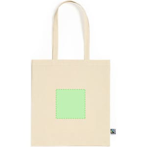A cream tote bag with two handles and a square green placeholder in the centre. It has a logo on one side.