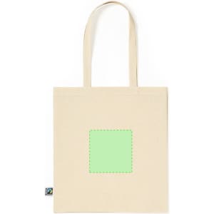 A natural-coloured tote bag with green square design space and a logo on the side.