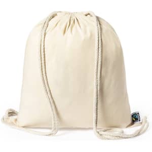 A cream drawstring bag made from cotton, featuring a rope closure and a small logo.
