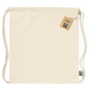 A beige drawstring bag with rope handles, featuring a small logo tag. Simple and spacious design for various uses.