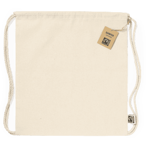 A beige drawstring bag with a tag, featuring a logo and matching rope handles.