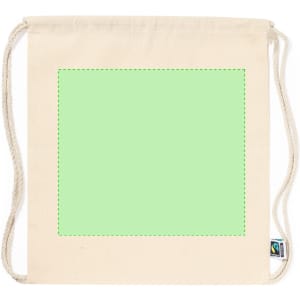 A natural canvas drawstring bag with a large green area for customisation, featuring a branding logo.