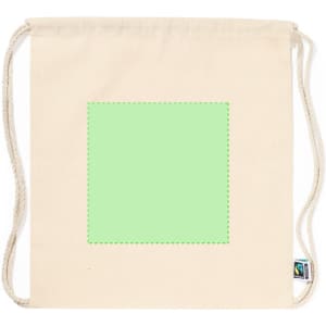 A cream drawstring bag with a blank green square area, featuring a logo tag on the side.