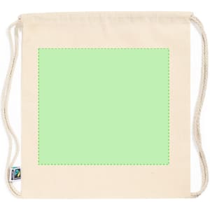 A cream drawstring bag featuring a blank green panel and a logo tag at the side.