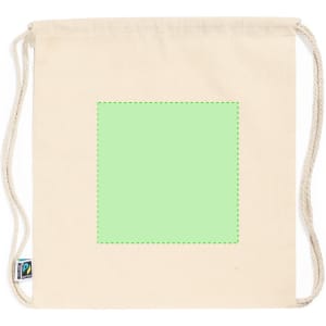 A beige drawstring bag with a blank green square area, featuring a logo on one side.
