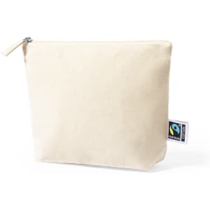 A cream toiletry bag with a zip closure and a Fairtrade logo on the side.
