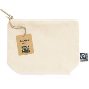 A cream toiletry bag with a zip closure, featuring tags and a branded label.