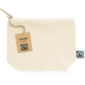A light cream toiletry bag featuring a tag and a brand logo, with a zip closure and a string handle.
