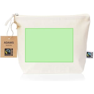 A cream toiletry bag with a zipper and a tag, featuring a blank green section, Fairtrade logo, and branding.