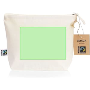 A cream toiletry bag with a zip closure, featuring a tag and a Fairtrade logo.