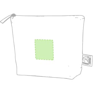 A toiletry bag in a light fabric with a green stitched square and a logo label on the side.