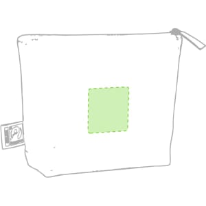 A green toiletry bag with a zip closure and a branding tag, featuring a simple design.