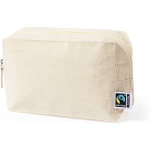 A cream-coloured toiletry bag with a zip closure and a Fairtrade logo. Ideal for storing beauty essentials.