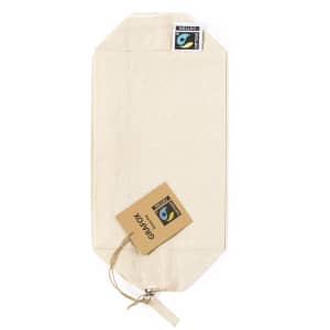 A cream-coloured toiletry bag with a zip, featuring branding and a hanging tag.