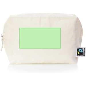 A cream toiletry bag with a zip closure and a branding label, featuring a blank green area on the front.