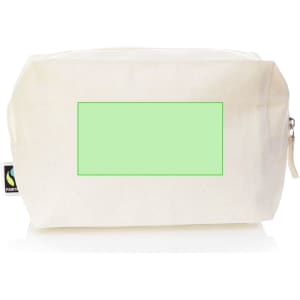 A cream toiletry bag with a zip closure, featuring a blank green area and a small logo.