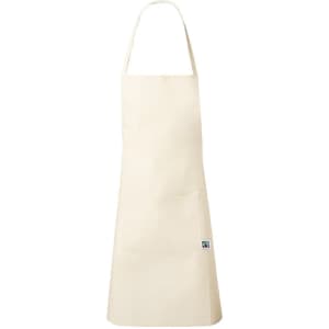 A cream-coloured apron with a front pocket and a logo on the side.
